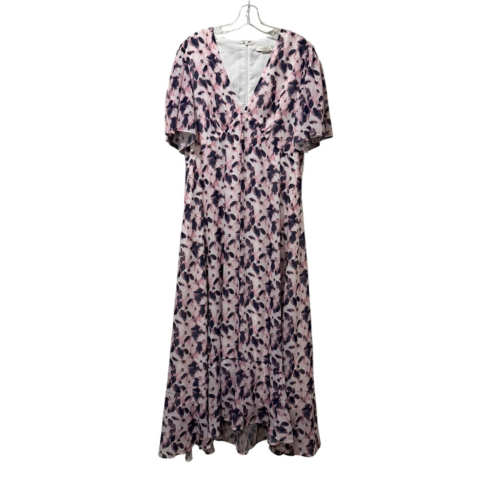 Club Monaco Size 14 Pink Navy Floral Flutter Sleeve V-Neck Maxi Dress B11